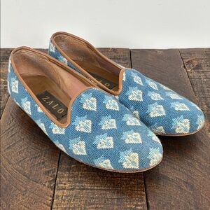 House of Zalo Women’s 7 Patterned Smoking Slipper Grecian Blue Knit Needlepoint